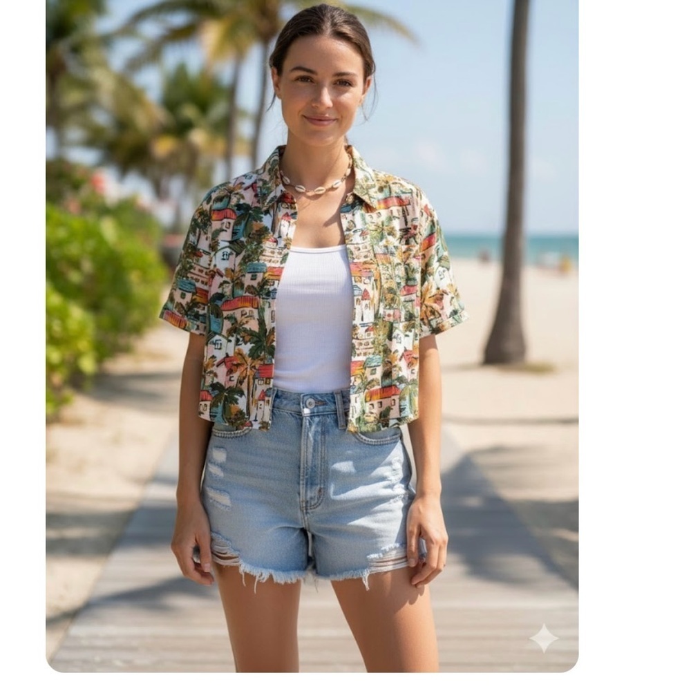 Forever 21 Women's Shirt Tropical Vacation Cropped Multicolored Size Med… - Picture 1 of 8